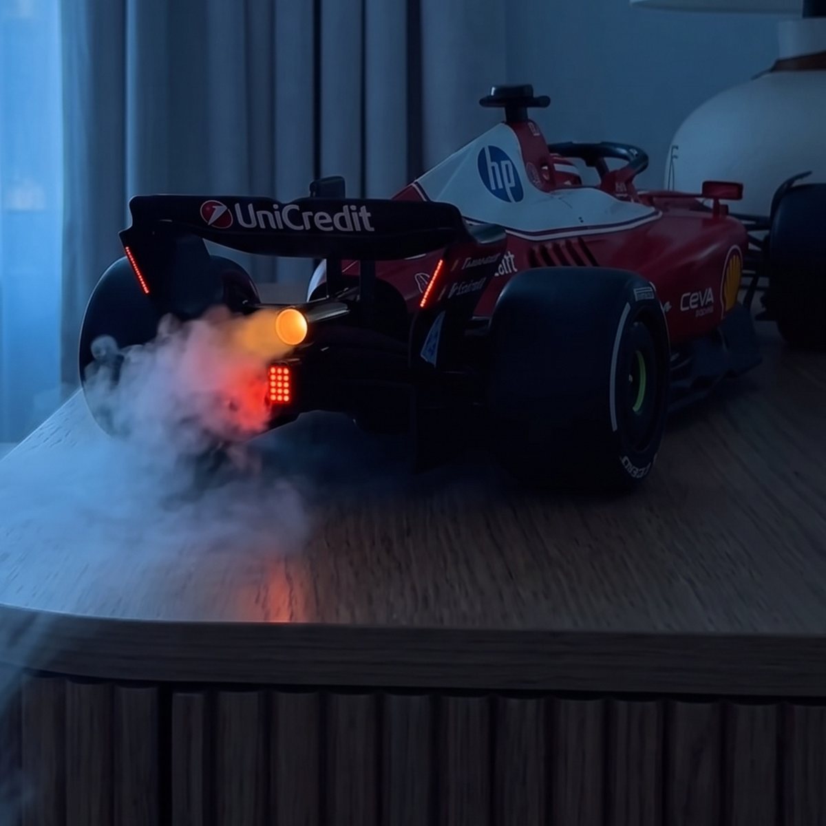 Glowing chrome exhaust at dusk